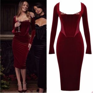 ❤️‍🔥Firm Price❤️‍🔥House of CB SOLAINE Wine Velvet Corset Dress